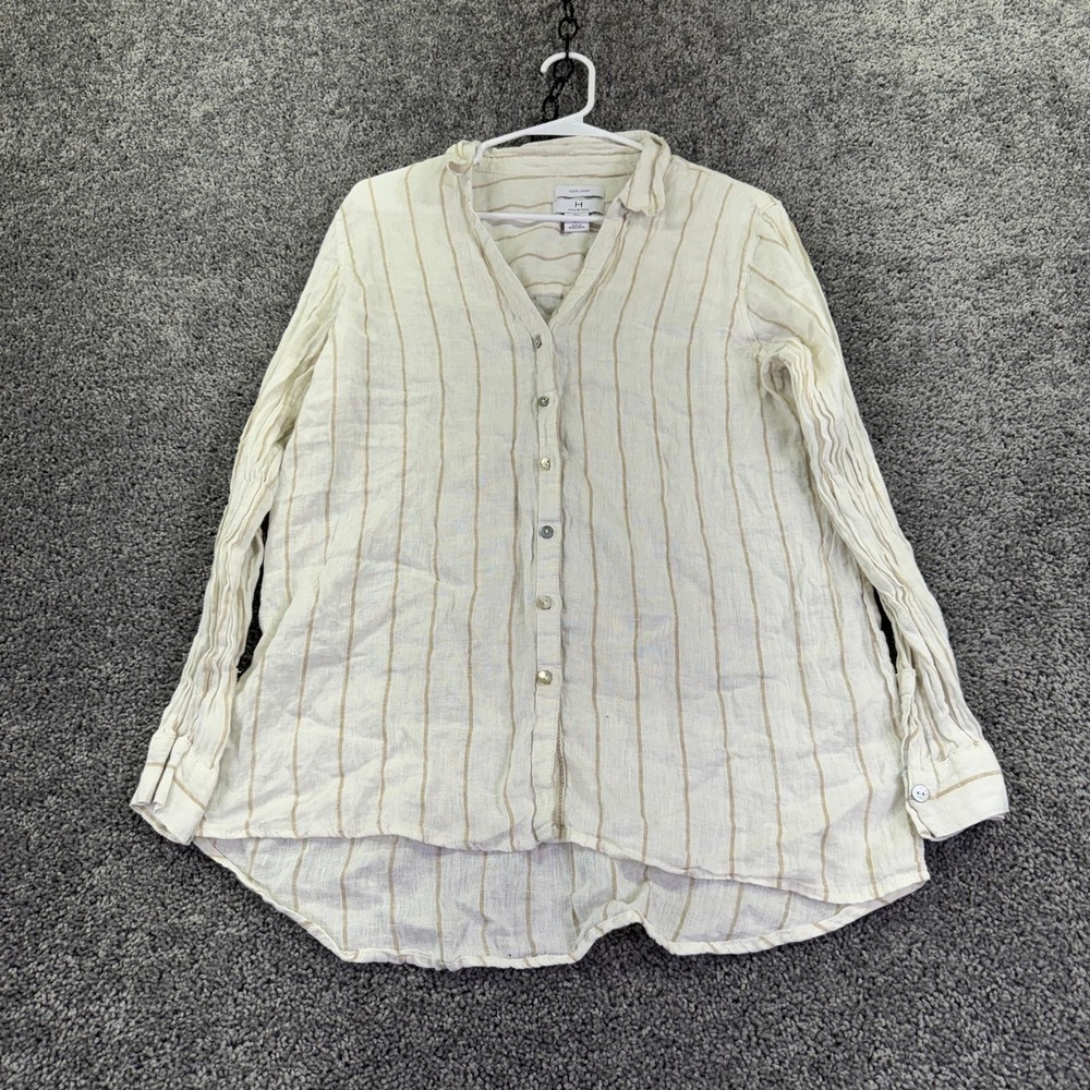 Halston Shirt Womens L White Stripe Linen Button Up Long Sleeve Tunic Casual